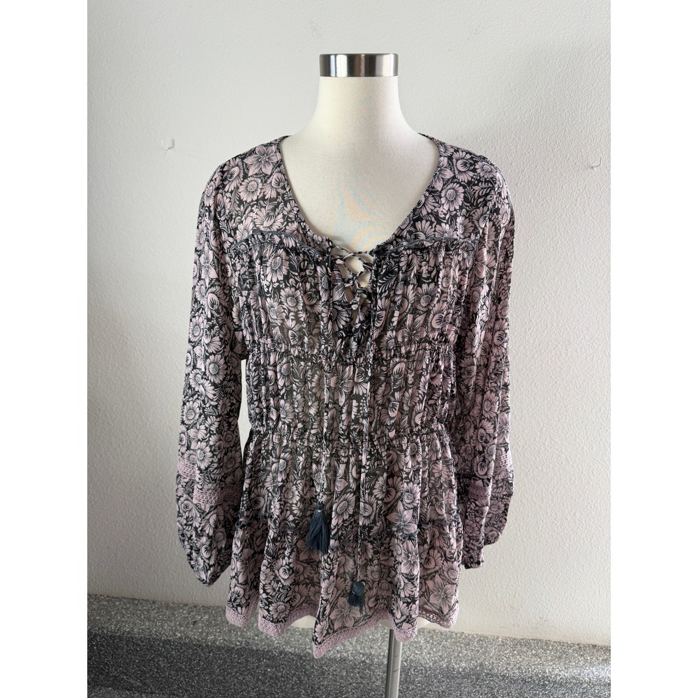 Knox Rose Womens Plus XXL Floral Smocked Waist Peasant Blouse Lace Up Tassel